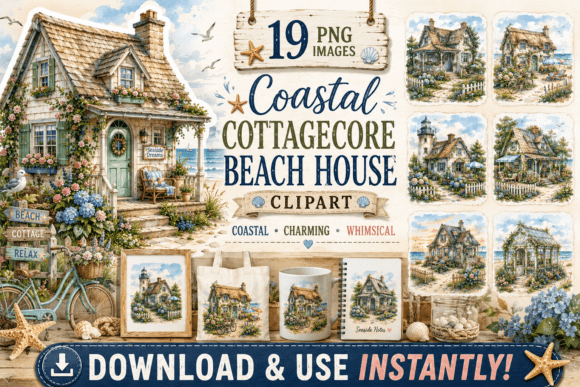 Coastal Cottagecore Beach House Clipart for Modern Design
