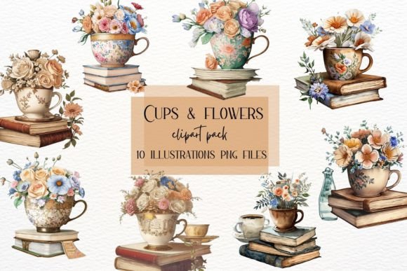 Watercolor Cups and Flowers: Vintage Cup Design Assets